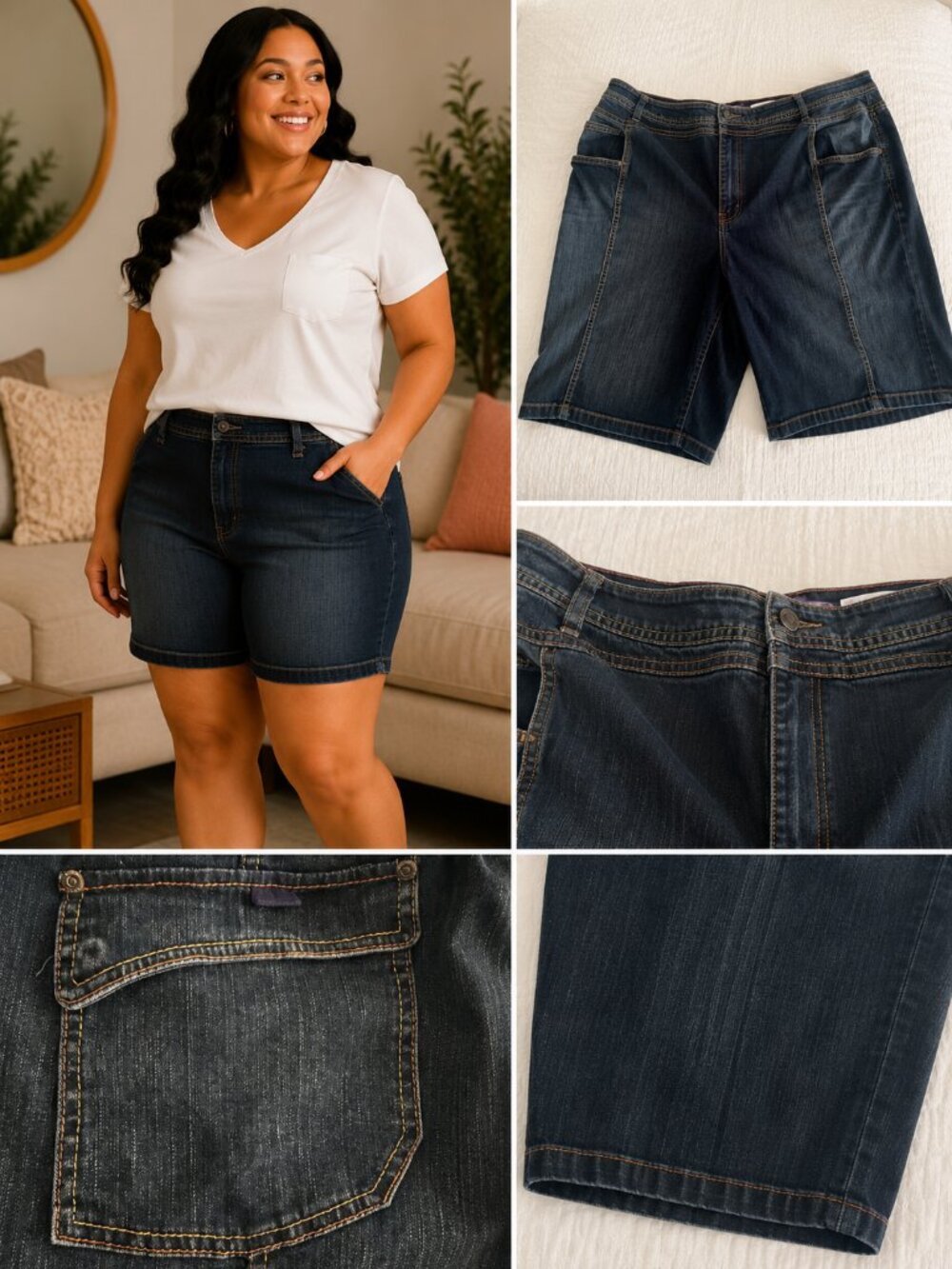 Venezia Dark Wash Denim Bermuda Shorts | Stretch Mid-Rise Shorts | Plus Size 28